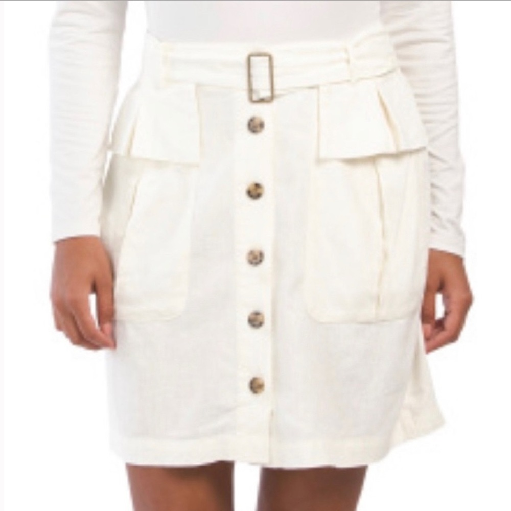 Nicole Miller Mini Skirt White Linen Blend Button Front Belted Womens Size Large